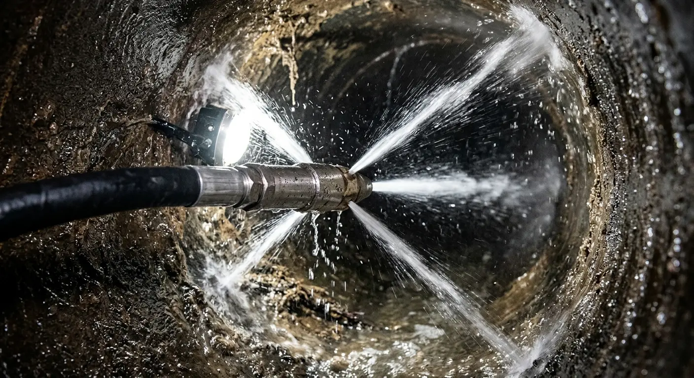 High-pressure hydro jetting nozzle cleaning sewer pipe for Sewer Cleanout in Redwood Falls
