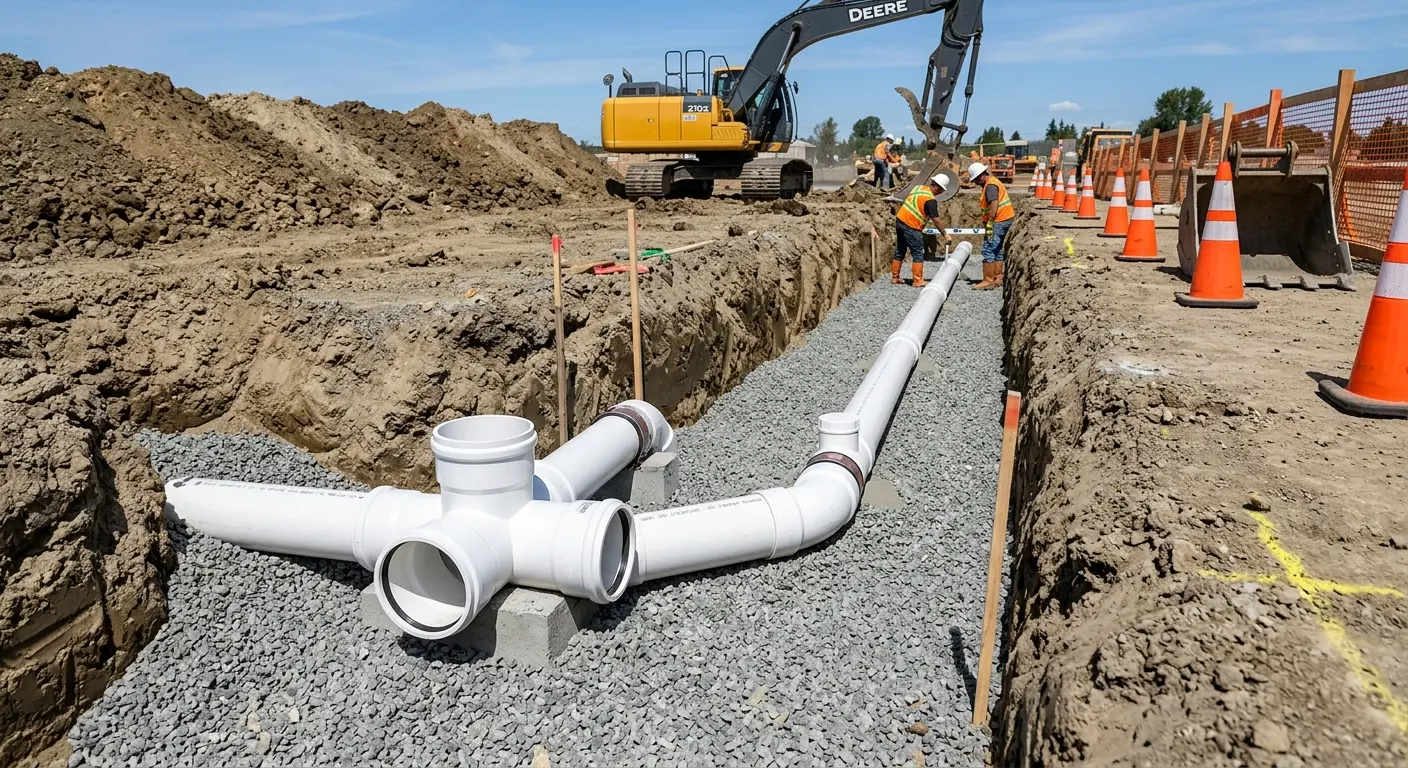 New PVC sewer pipe installation in open trench for Sewer Backup in Redwood Falls