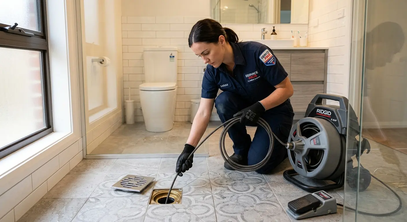 Technician clearing a bathroom floor drain for Clogged Drain Repair in Redwood Falls